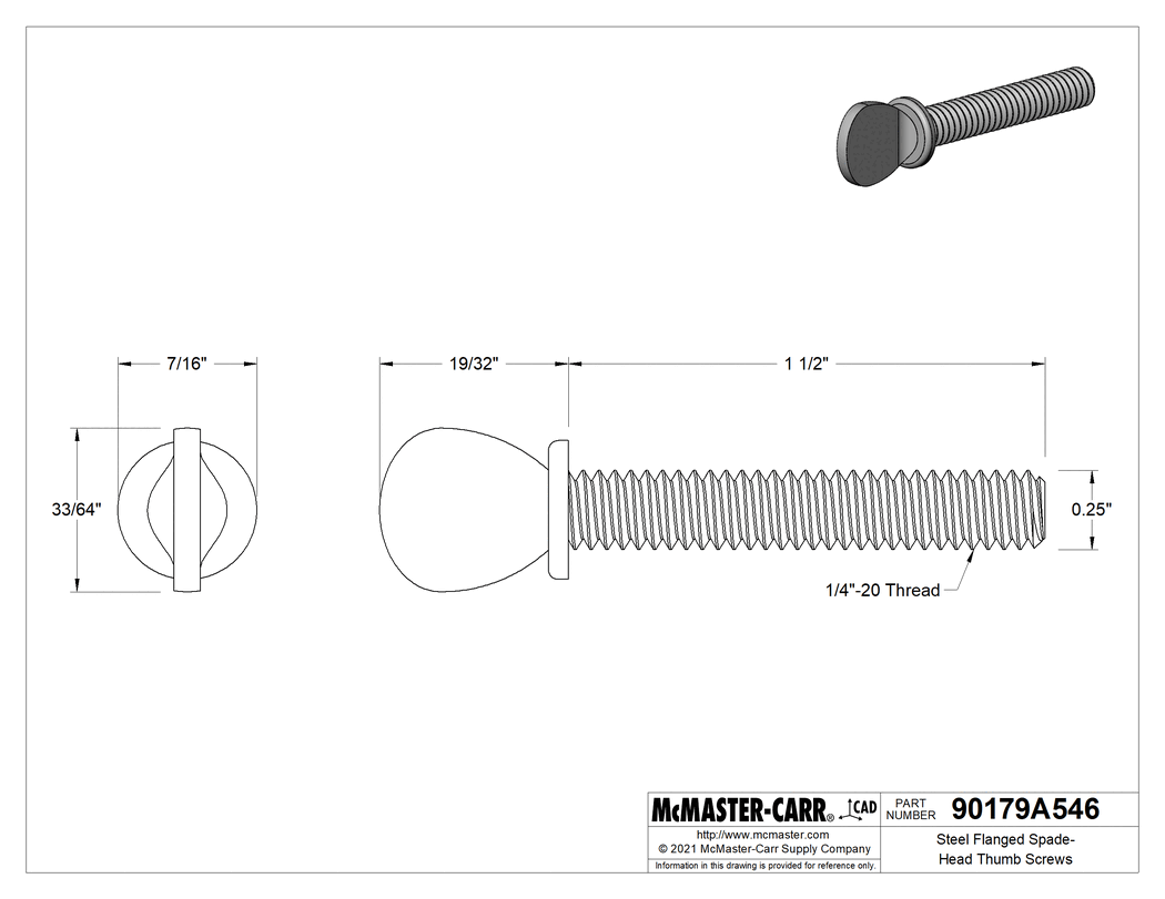Technical Drawing of Steel Flanged Spade-Head Thumb Screws, 1/4"-20 Thread Size, 1-1/2" Long.